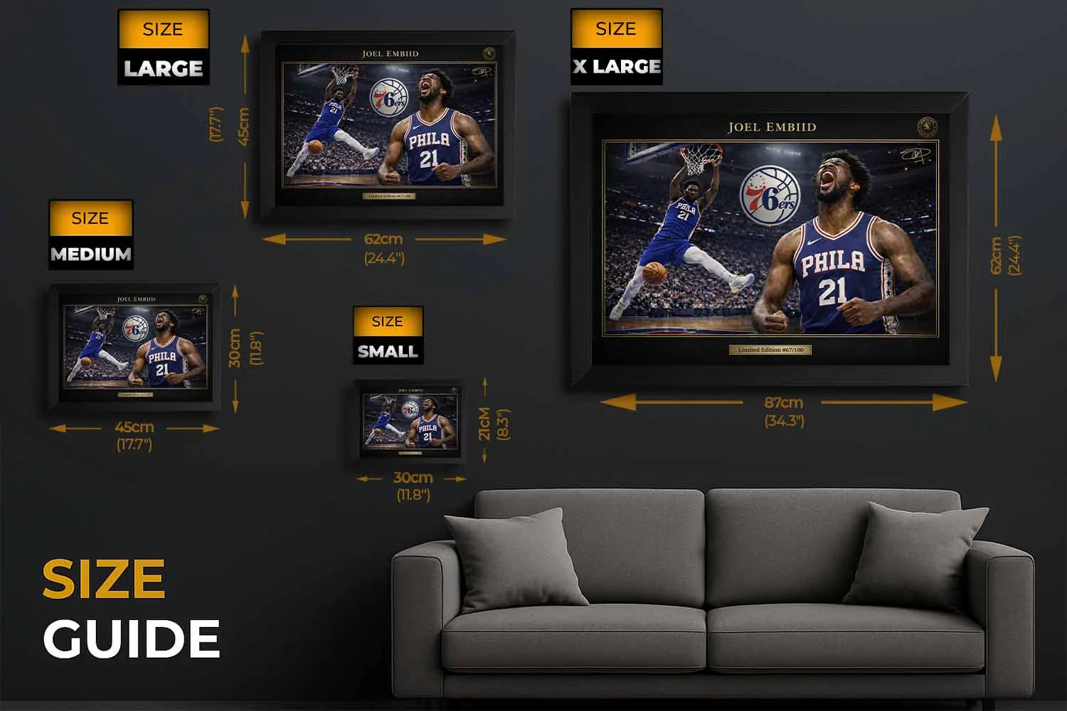 Joel Embiid framed sports wall art size guide showing small, medium, large and extra large frame options for NBA collectors