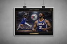 Joel Embiid Philadelphia 76ers unframed sports art prints poster showing dunk highlight and intense portrait design