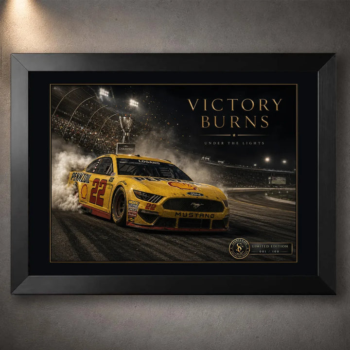 Black framed Victory Burns Joey Logano Ford Mustang motorsport wall art with a championship burnout scene.