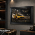 Joey Logano No. 22 Mustang motorsport wall art in a dark collector lounge with timber shelving and leather seating.