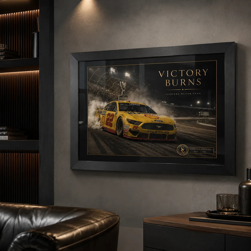 Joey Logano No. 22 Mustang motorsport wall art in a dark collector lounge with timber shelving and leather seating.