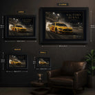Victory Burns wall art size guide showing small, medium, large and extra-large framed dimensions.