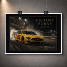 Unframed Victory Burns Joey Logano Ford Mustang motorsport wall art shown as a bordered print hanging from clips.