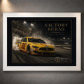 White framed Victory Burns Joey Logano Ford Mustang wall art with the championship burnout scene fully visible.