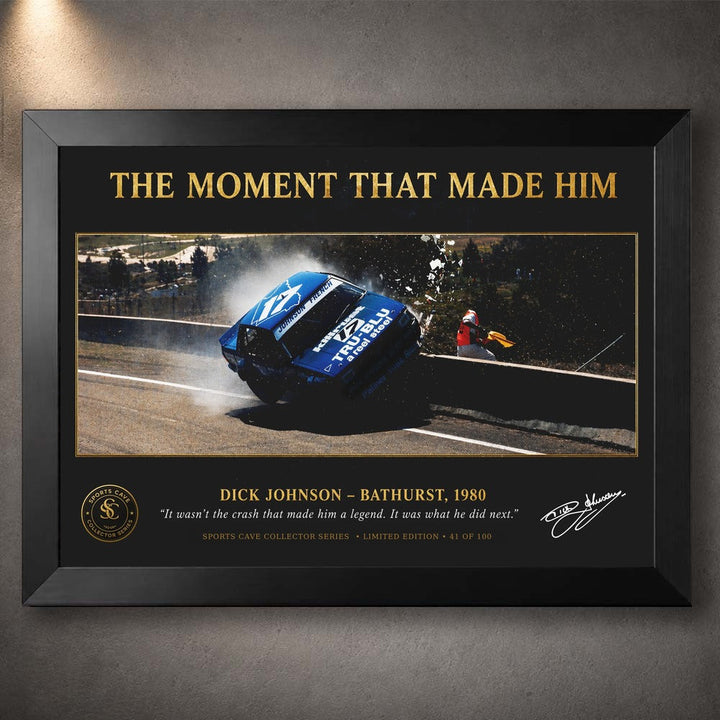 Black framed Johnson Bathurst 1980 wall art celebrating a raw Australian motorsport moment for racing collectors.