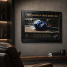 Johnson Bathurst 1980 framed sports memorabilia displayed in a dark man cave for loyal Australian racing fans.