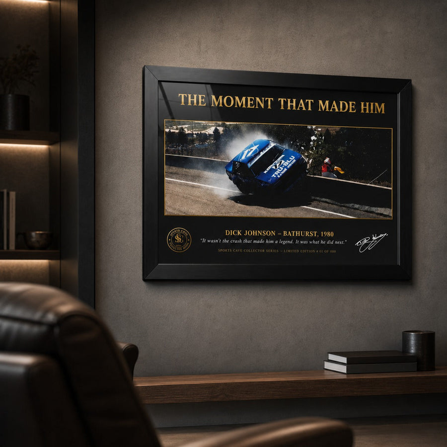 Johnson Bathurst 1980 framed sports memorabilia displayed in a dark man cave for loyal Australian racing fans.