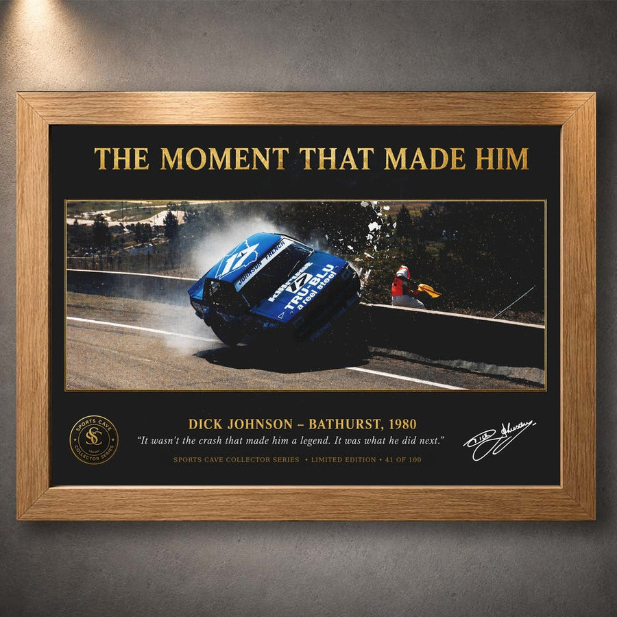Oak framed Johnson Bathurst 1980 wall art made for collectors and fans of classic Australian motorsport history.