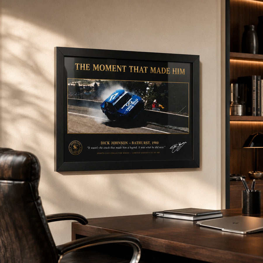 Johnson Bathurst 1980 motorsport wall art styled in a modern office for collectors of raw racing history today.
