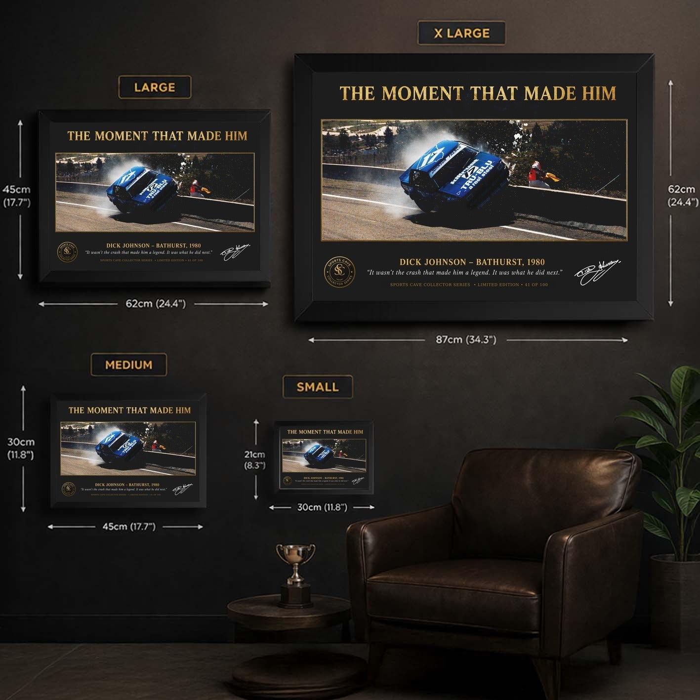 Johnson Bathurst 1980 wall art size guide showing framed options for limited edition motorsport collectors today.