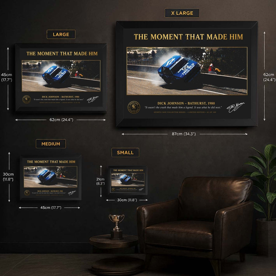 Johnson Bathurst 1980 wall art size guide showing framed options for limited edition motorsport collectors today.