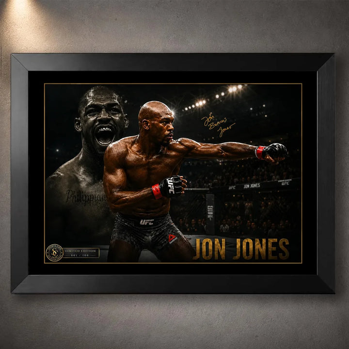 Jon Jones UFC wall art in a black frame with gold detailing and a limited-edition collector badge.