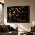 Jon Jones UFC wall art displayed in a warm neutral living room in a premium black frame above a modern sofa.