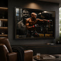 Jon Jones UFC wall art displayed in a dark premium man cave with warm lighting and a black framed collector finish.