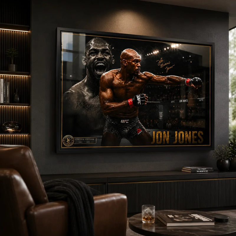 Jon Jones UFC wall art displayed in a dark premium man cave with warm lighting and a black framed collector finish.