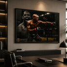Jon Jones UFC wall art displayed in a refined modern office in a premium black frame above a dark timber desk.