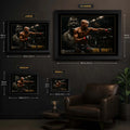 Jon Jones UFC wall art size guide showing Small Medium Large and X Large framed dimensions in centimetres and inches.