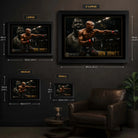 Jon Jones UFC wall art size guide showing Small Medium Large and X Large framed dimensions in centimetres and inches.