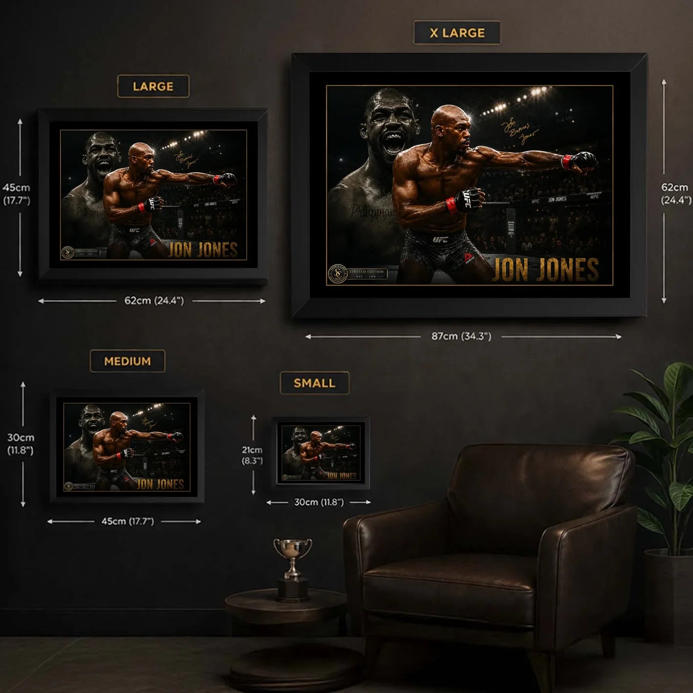 Jon Jones UFC wall art size guide showing Small Medium Large and X Large framed dimensions in centimetres and inches.