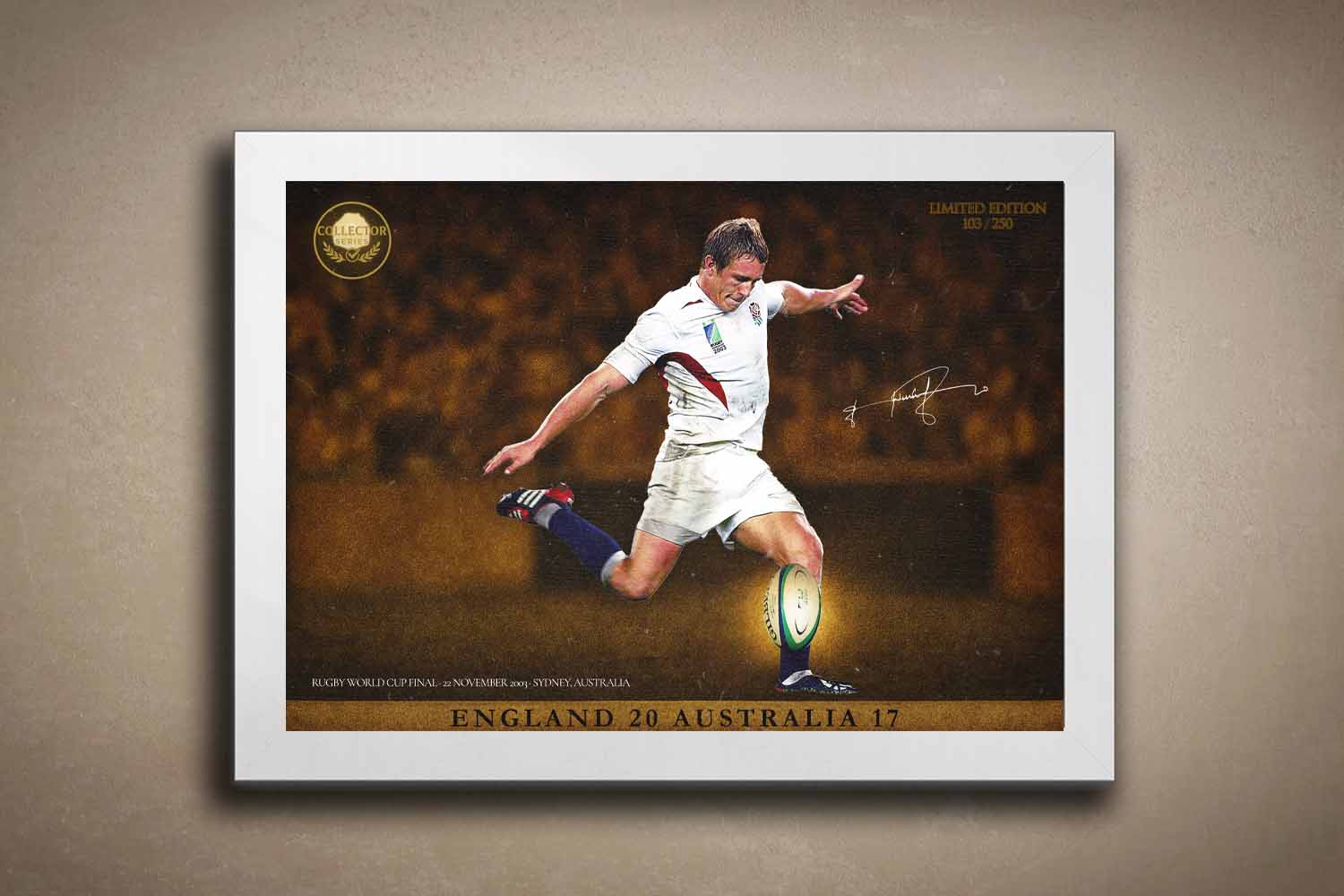 Limited edition Jonny Wilkinson framed sports memorabilia with white frame, iconic wall art for English man cave décor.