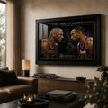 Jordan vs Bryant wall art displayed in a warm contemporary living room above a dark timber console.