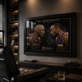 The Mentality basketball wall art shown in a dark man cave with leather seating and warm collector lighting.