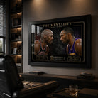 The Mentality basketball wall art shown in a dark man cave with leather seating and warm collector lighting.