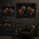 Jordan vs Bryant wall art size guide showing the available framed XL, large, medium and small dimensions.