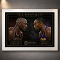White framed Jordan vs Bryant basketball wall art featuring the premium black and gold collector design.
