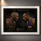 White framed Jordan vs Bryant basketball wall art featuring the premium black and gold collector design.