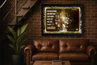 Michael Jordan wall art in a black frame displayed above a leather couch, perfect man cave wall décor and premium framed sports memorabilia for collectors.