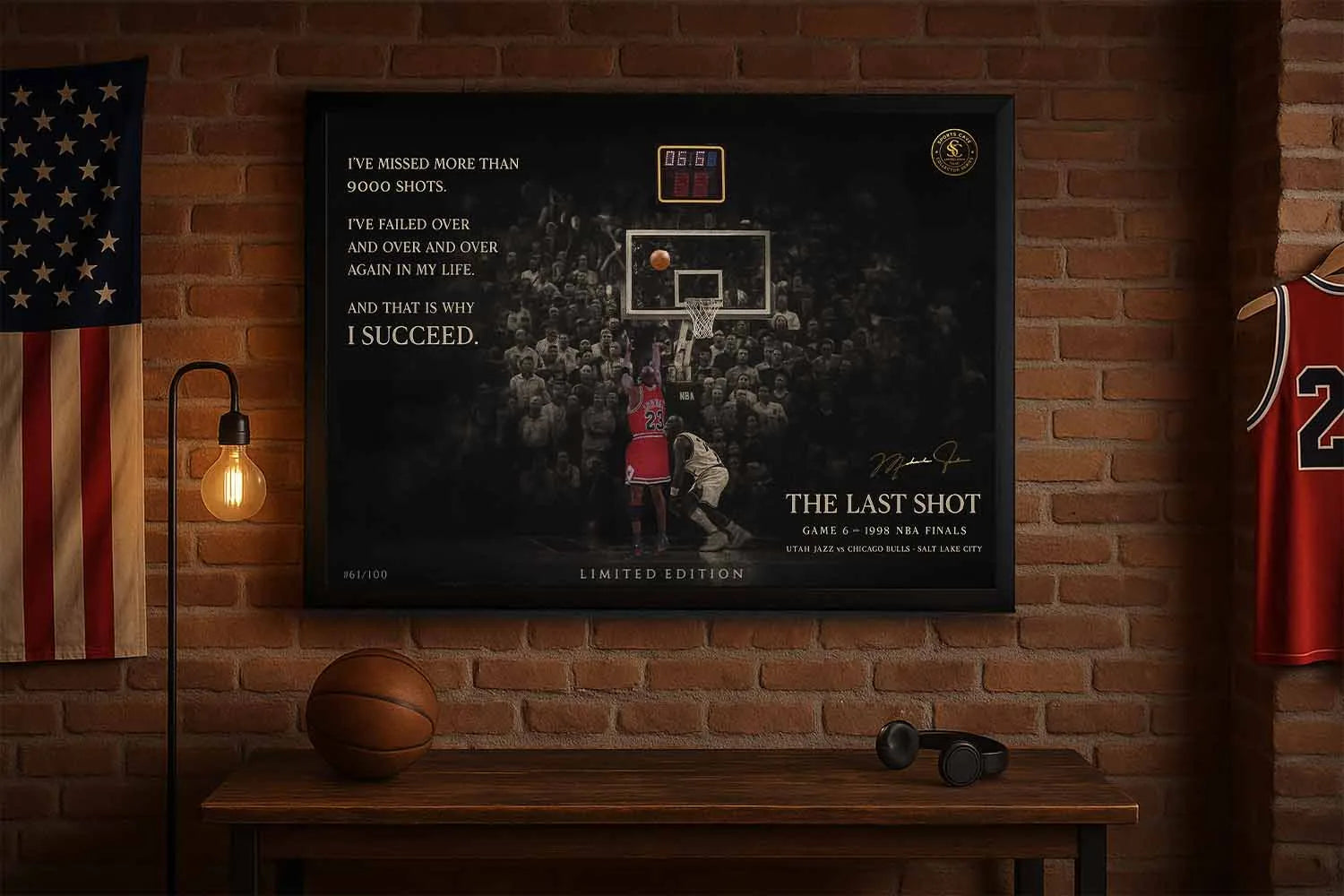 Michael Jordan “The Last Shot” black framed wall art styled in a basketball man cave, premium nba sports decor.