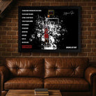 Framed NBA Jordan poster on a brick wall above a brown leather sofa