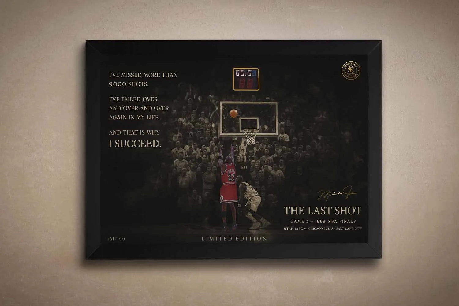 Framed sports art of Michael Jordan’s iconic last shot, featuring gold collector’s edition detailing — a premium piece of NBA wall art for man cave wall décor.
