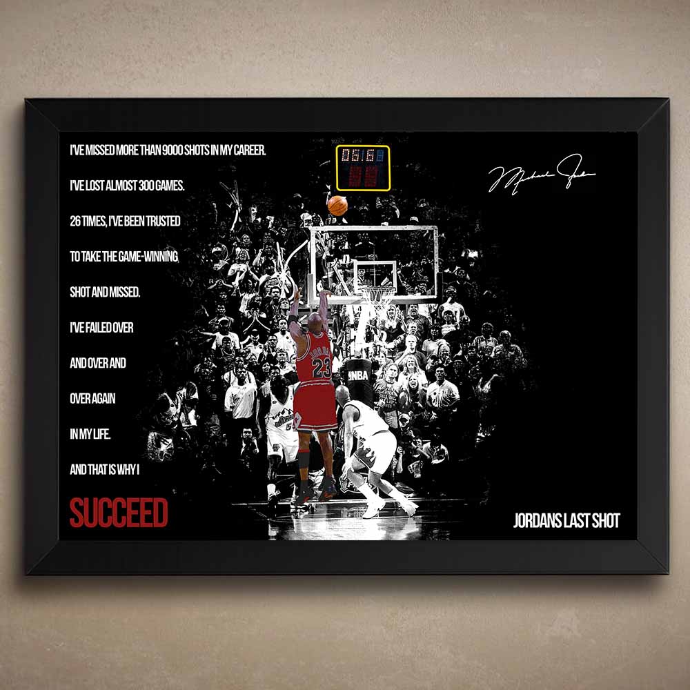 Framed sports art of Michael Jordan’s iconic last shot, featuring gold collector’s edition detailing — a premium piece of NBA wall art for man cave wall décor.