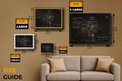 Size guide showing small, medium, large, and XL dimensions of limited edition framed sports art featuring Michael Jordan’s iconic last shot — ideal for man cave wall décor.