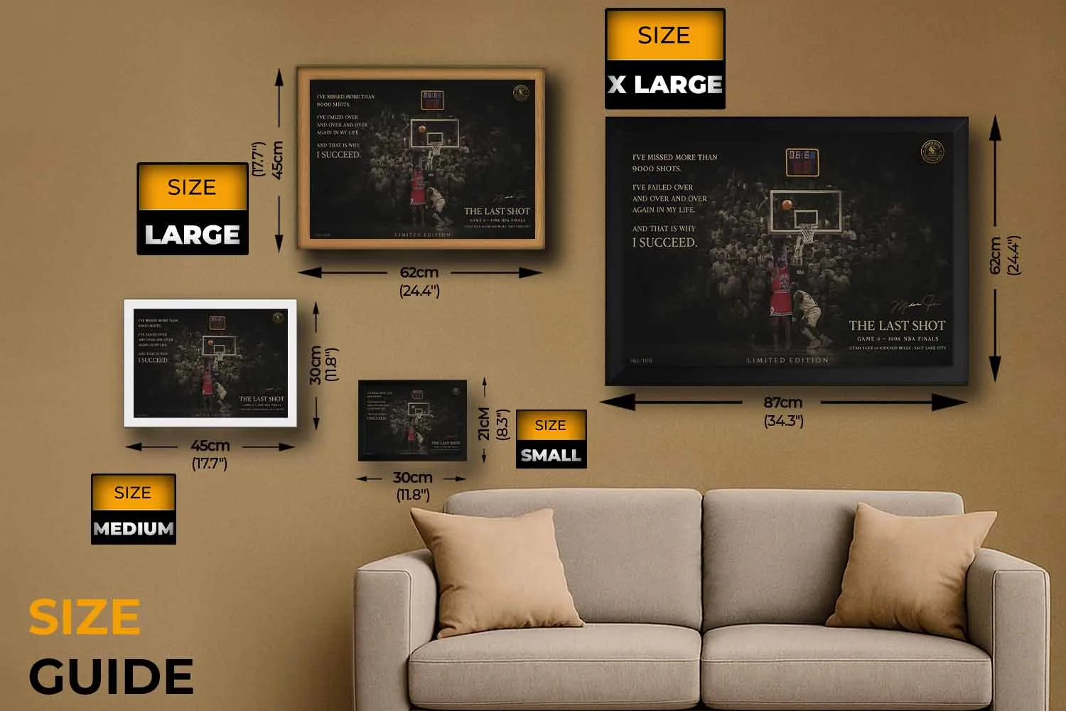 Size guide showing small, medium, large, and XL dimensions of limited edition framed sports art featuring Michael Jordan’s iconic last shot — ideal for man cave wall décor.