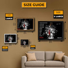 Size guide showing small, medium, large, and XL dimensions of limited edition framed sports art featuring Michael Jordan’s iconic last shot — ideal for man cave wall décor.