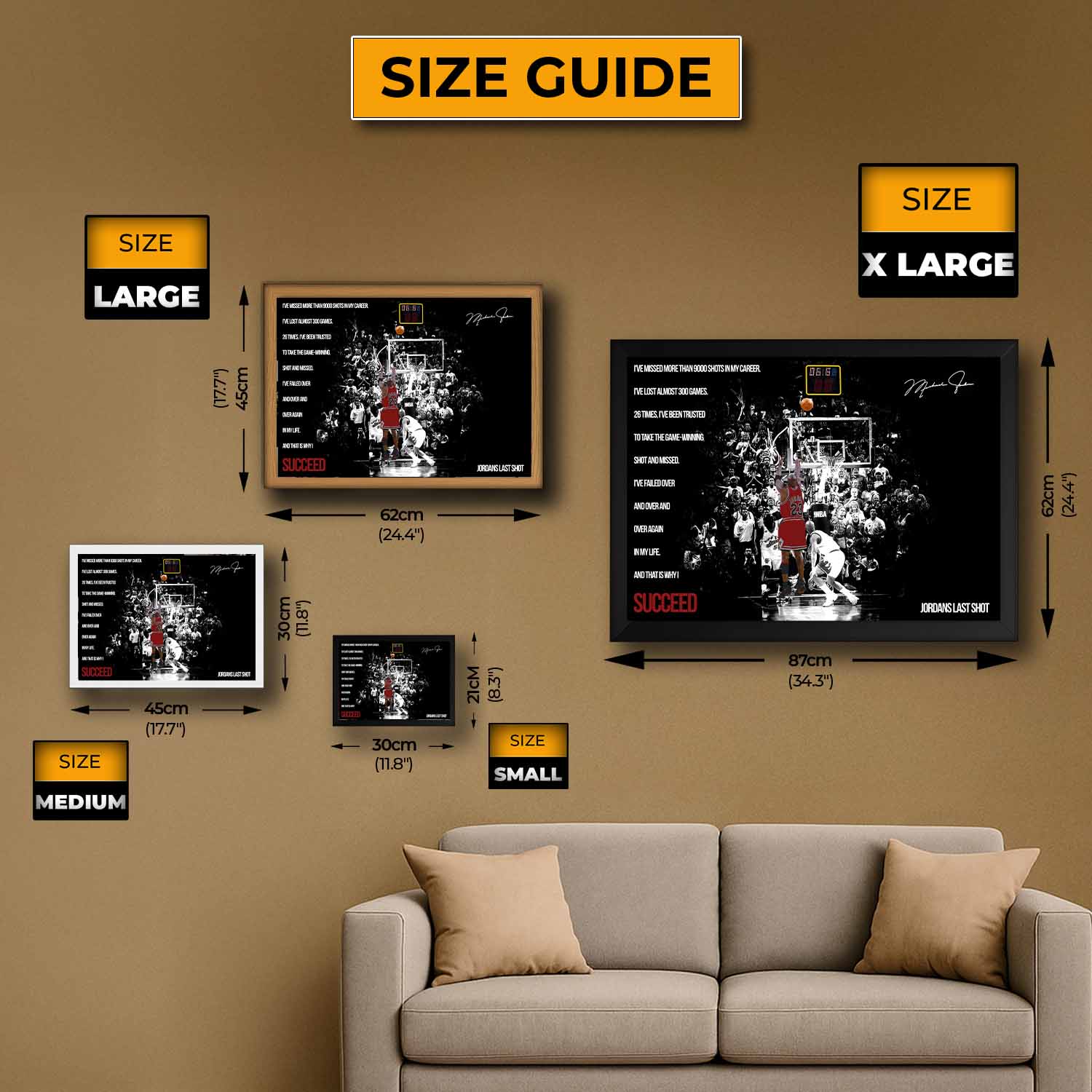 Size guide showing small, medium, large, and XL dimensions of limited edition framed sports art featuring Michael Jordan’s iconic last shot — ideal for man cave wall décor.
