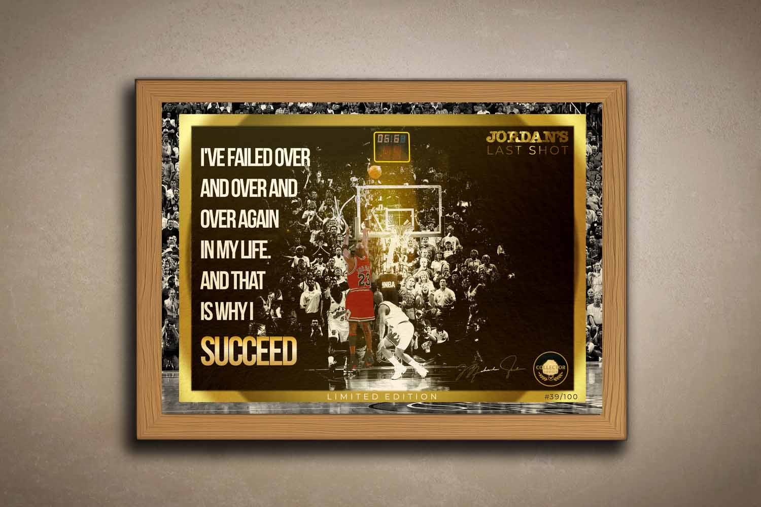 Limited edition Michael Jordan wall art in an oak frame, showcasing his iconic last shot — the ultimate framed sports memorabilia for collectors and man caves.