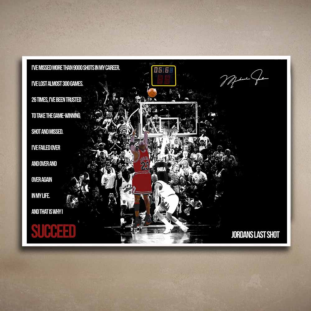 Unframed limited edition sports art print of Michael Jordan’s iconic last shot — a powerful piece of framed sports memorabilia perfect for collectors and man cave wall décor.