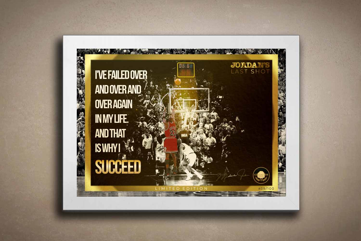 Premium framed sports art of Michael Jordan’s last shot in a sleek white frame — a must-have piece of limited edition sports prints for man cave wall décor.