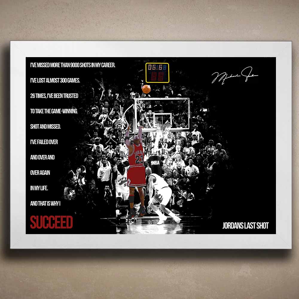 Premium framed sports art of Michael Jordan’s last shot in a sleek white frame — a must-have piece of limited edition sports prints for man cave wall décor.