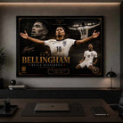 Framed sports art of Jude Bellingham showcased in a sleek office interior, highlighting luxury sports wall art.