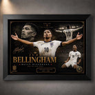 Framed sports art of Jude Bellingham celebrating for England, a limited‑edition design for premium collectors.
