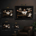 Size guide showing framed Jude Bellingham sports wall art in multiple dimensions for  man  cave  and  office  spaces.
