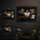 Size guide showing framed Jude Bellingham sports wall art in multiple dimensions for  man  cave  and  office  spaces.
