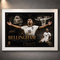 Elegant white‑frame sports wall art featuring Jude Bellingham in England kit, perfect for modern man cave décor.