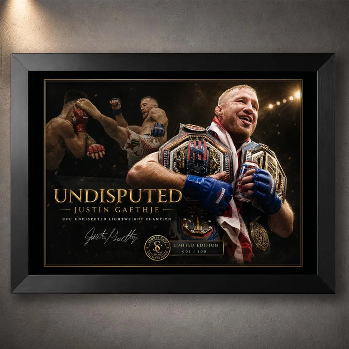 Black framed Justin Gaethje Undisputed wall art for combat sports fans and limited edition collectors.