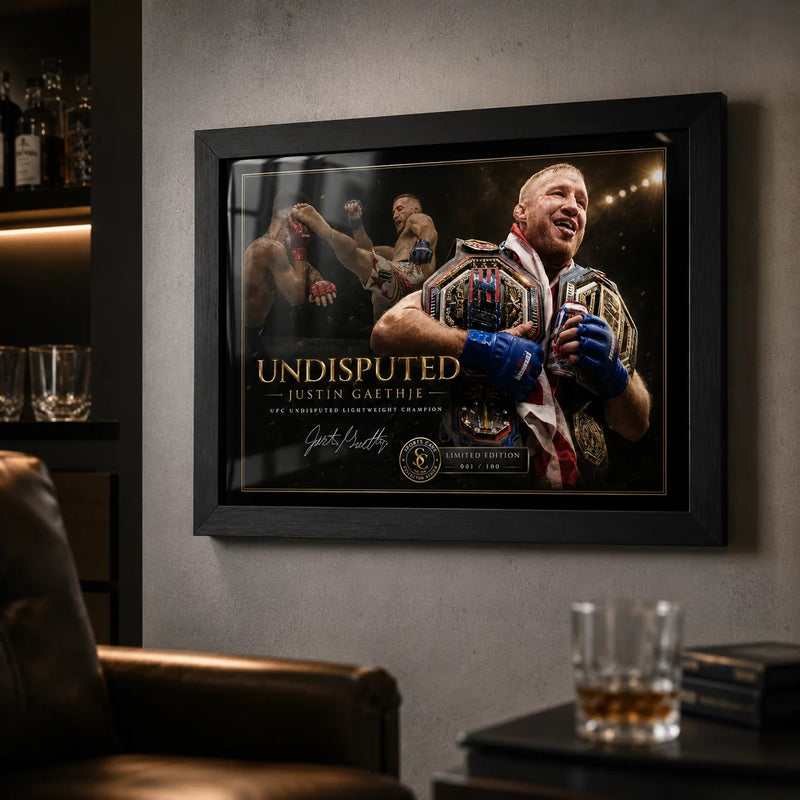 Justin Gaethje Undisputed framed sports art displayed in a dark collector room for combat fans.